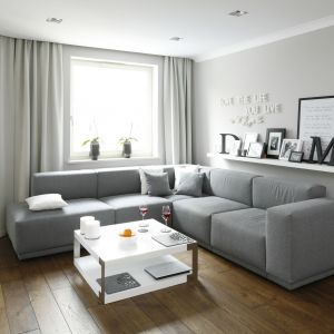 Mały salon urządzono w jasnych szarościach. Jest elegancko i nowocześnie, a do tego komfortowo. Projekt: Karolina Łuczyńska. Fot. Bartosz Jarosz