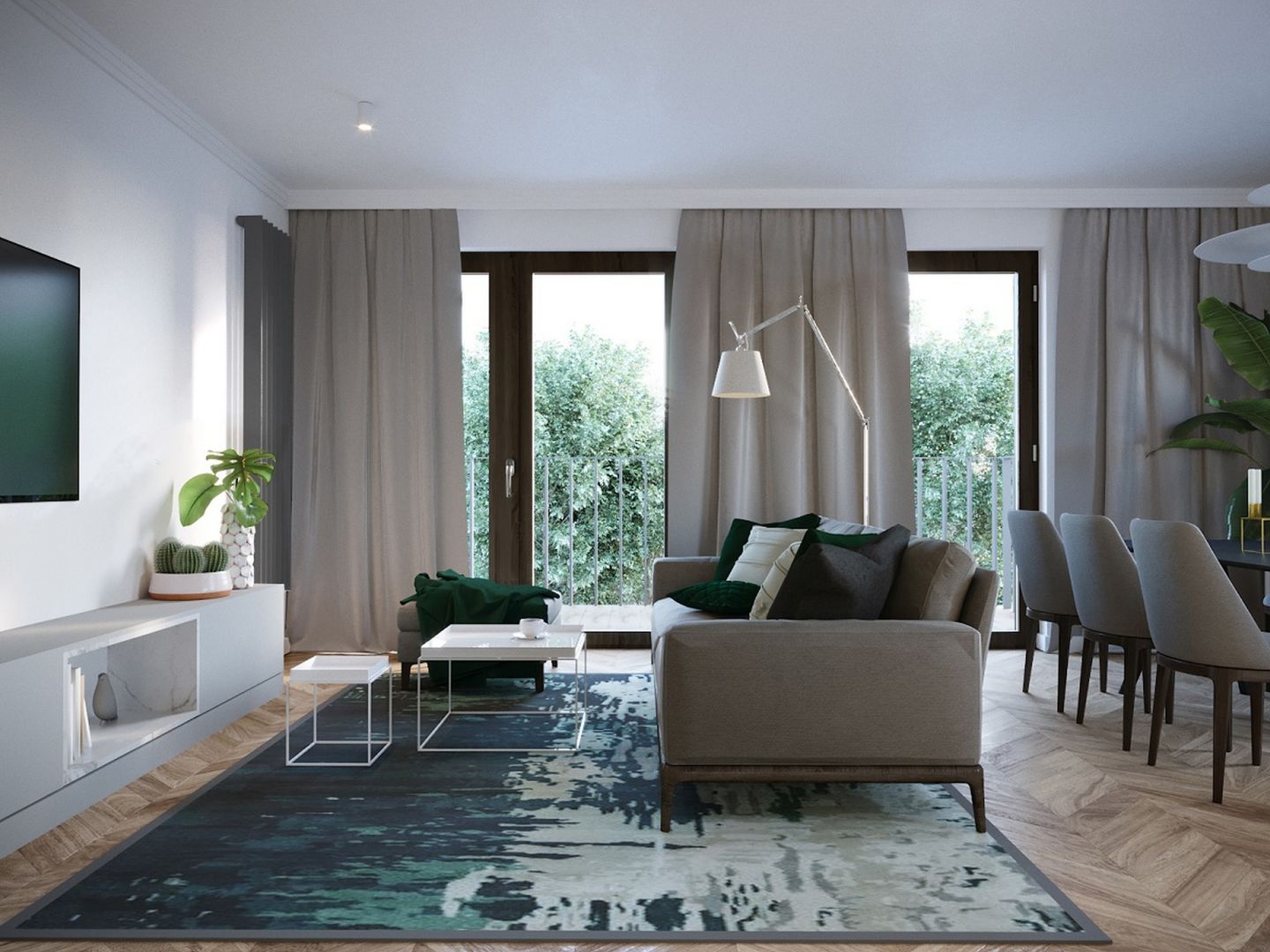 Wygodna sofa oddziela jadalnię od części wypoczynkowej. Projekt JMW Architekci