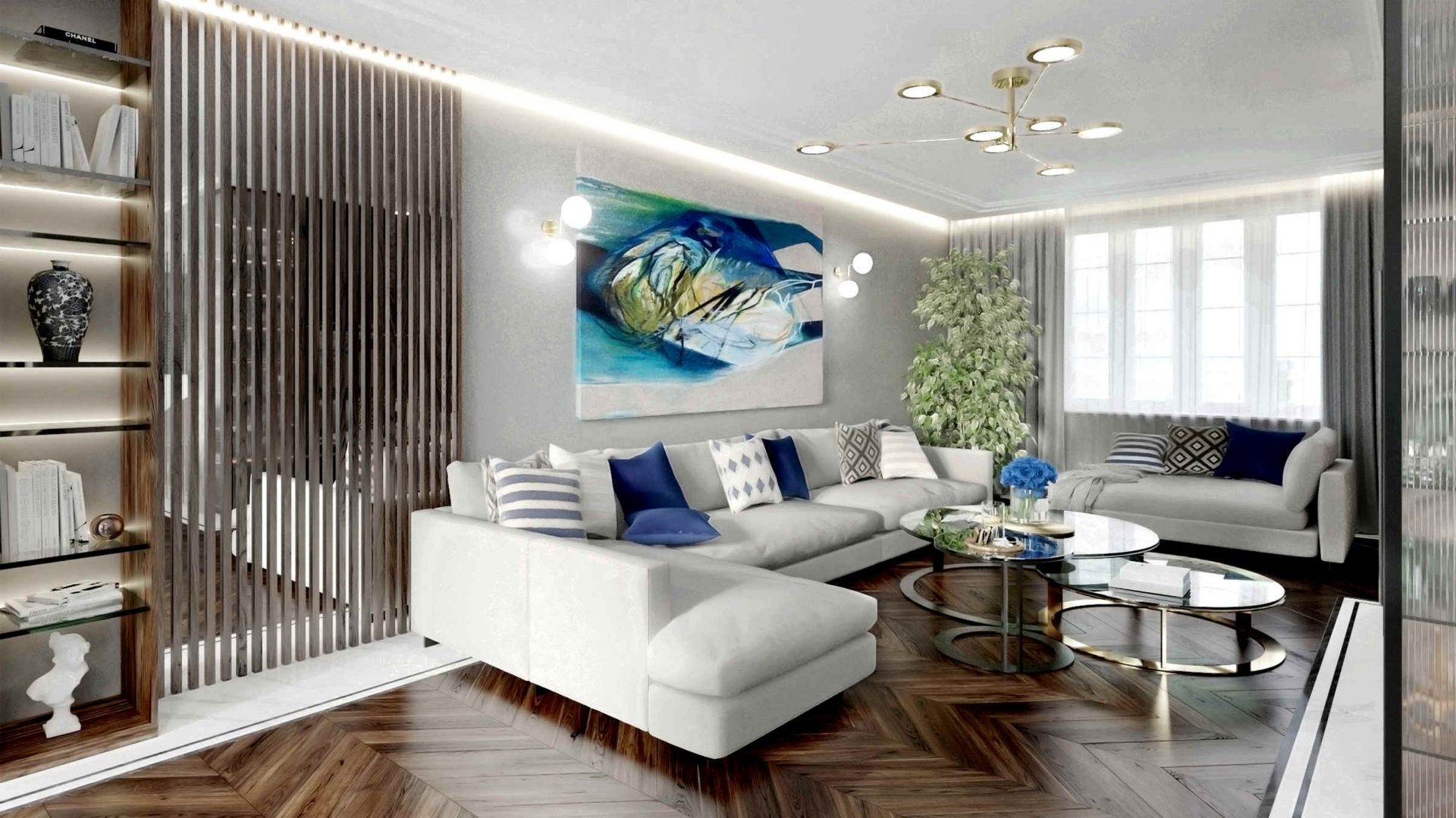 Biała sofa i lustrzane powierzchnie budują nowoczesny klimat w salonie. Projekt Tissu Architecture