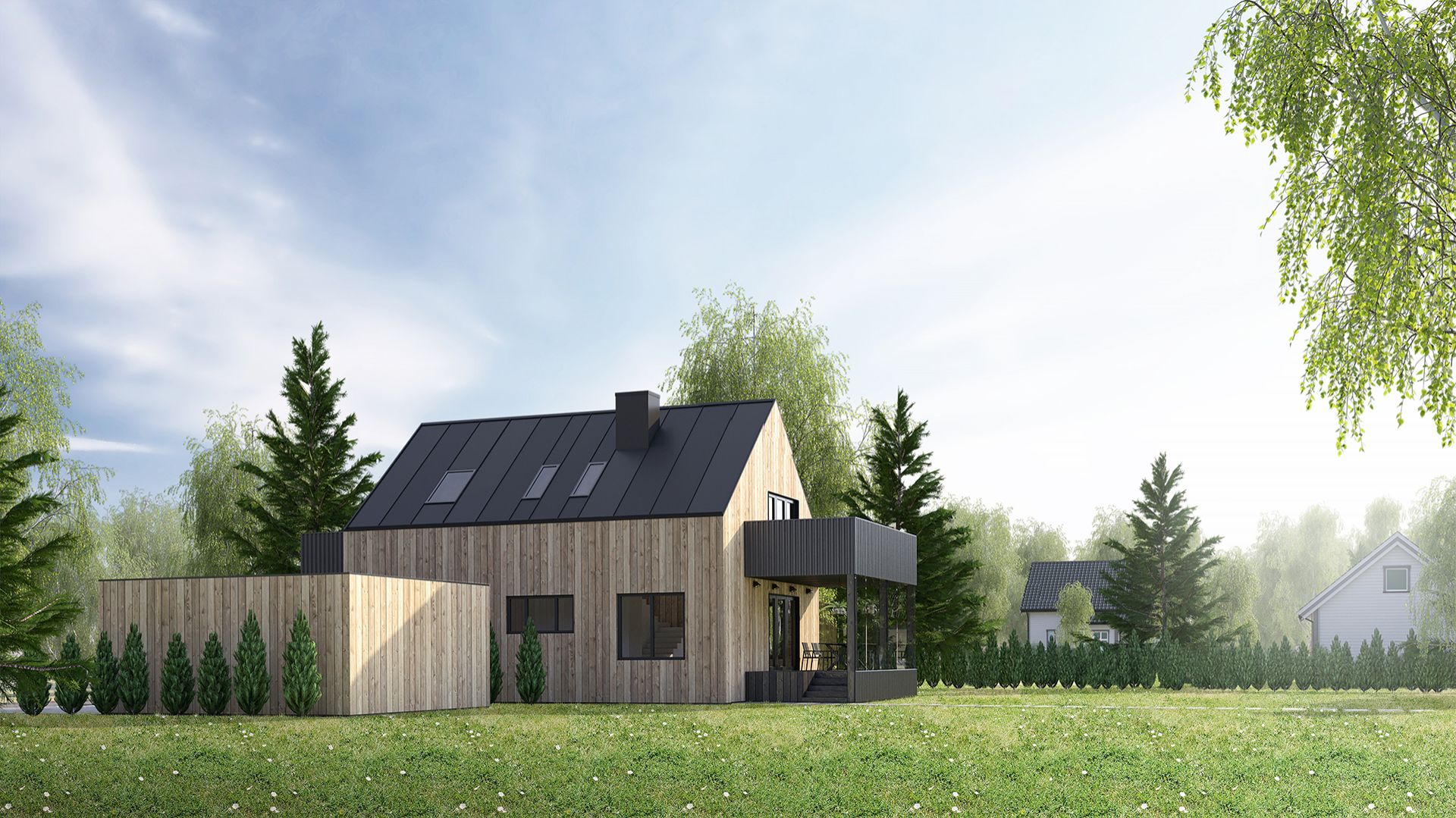 Nowa bryła domu w Sandefjord wyłożona została pionowymi deskami sosnowymi oraz grafitową blachą trapezową. Autorzy projektu: Paweł Lipiński, Fryderyk Graniczny, Mateusz Frankowski