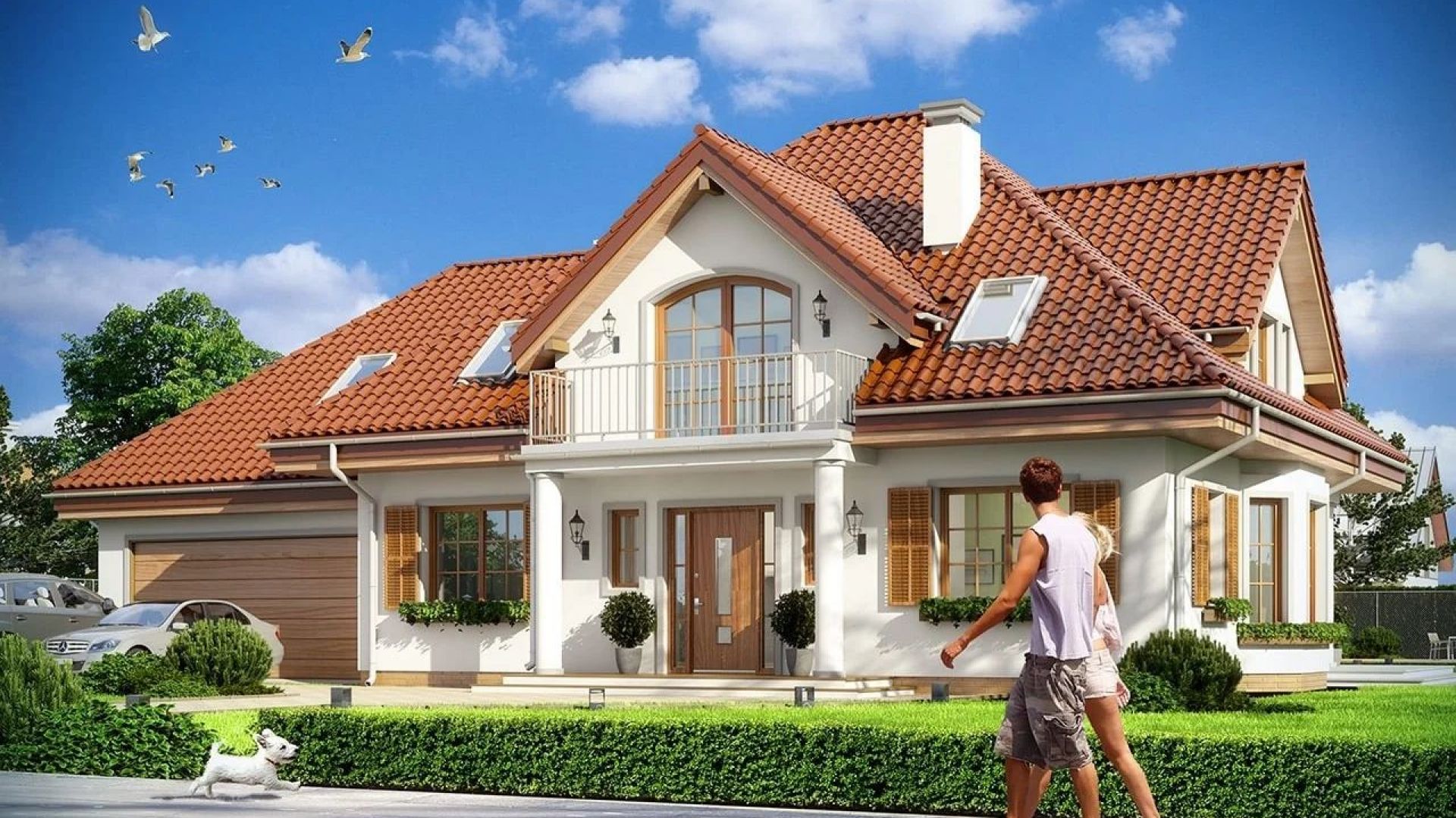 Projekt domu Ofelia ma ładną, reprezentacyjną bryłę z frontowym gankiem i dużą lukarną z balkonem nad drzwiami. Projekt: arch. Michał Gąsiorowski. Fot. MG Projekt