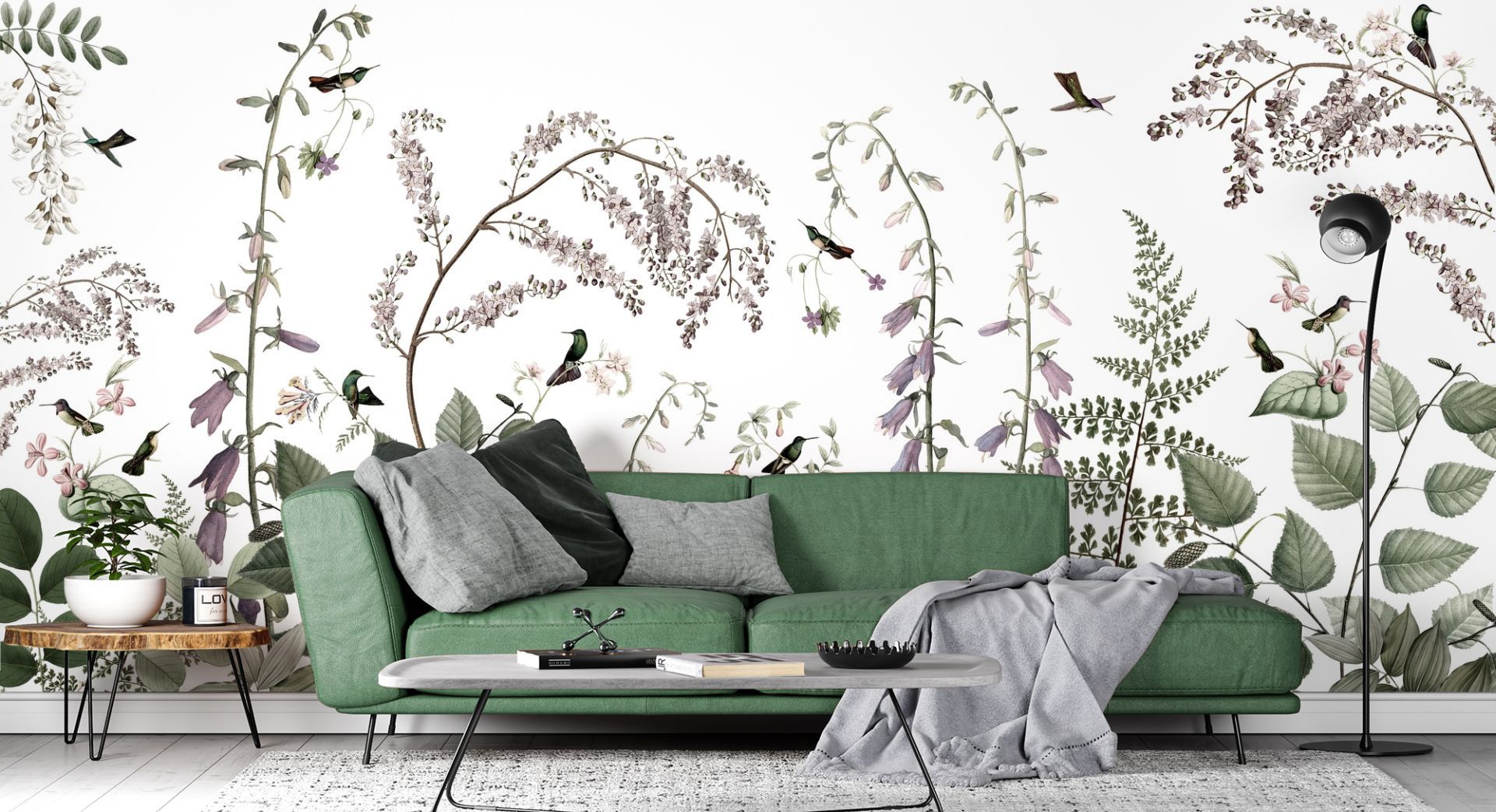 Ściana w salonie - tapeta w stylu muralu. Tapeta dostępna w sklepie Wallsauce. Fot. Wallsauce.com