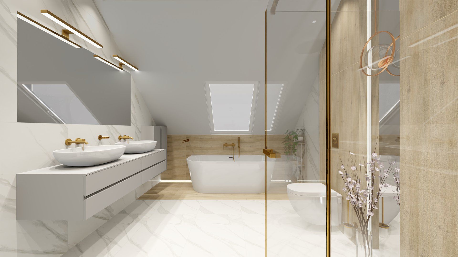 Propozycja Aliny Kowalskiej to płytki z kolekcji Calacatta Gold Opoczno o wzorze marmuru w połączeniu z drewnopodobnymi płytkami Natural Warm Grey z kolekcji Grand Wood Opoczno. Projekt Ali Decor