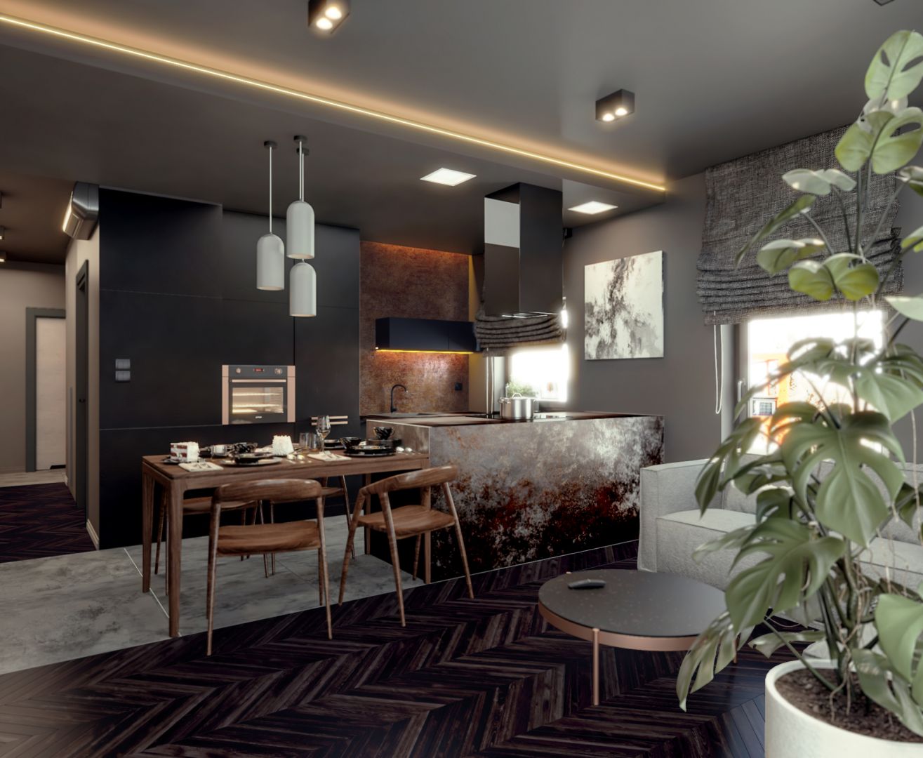 Wnętrze jest ciemne, minimalistyczne, ale też bardzo przytulne. Projekt i wizualizacje: Monika Staniec, Interior Design