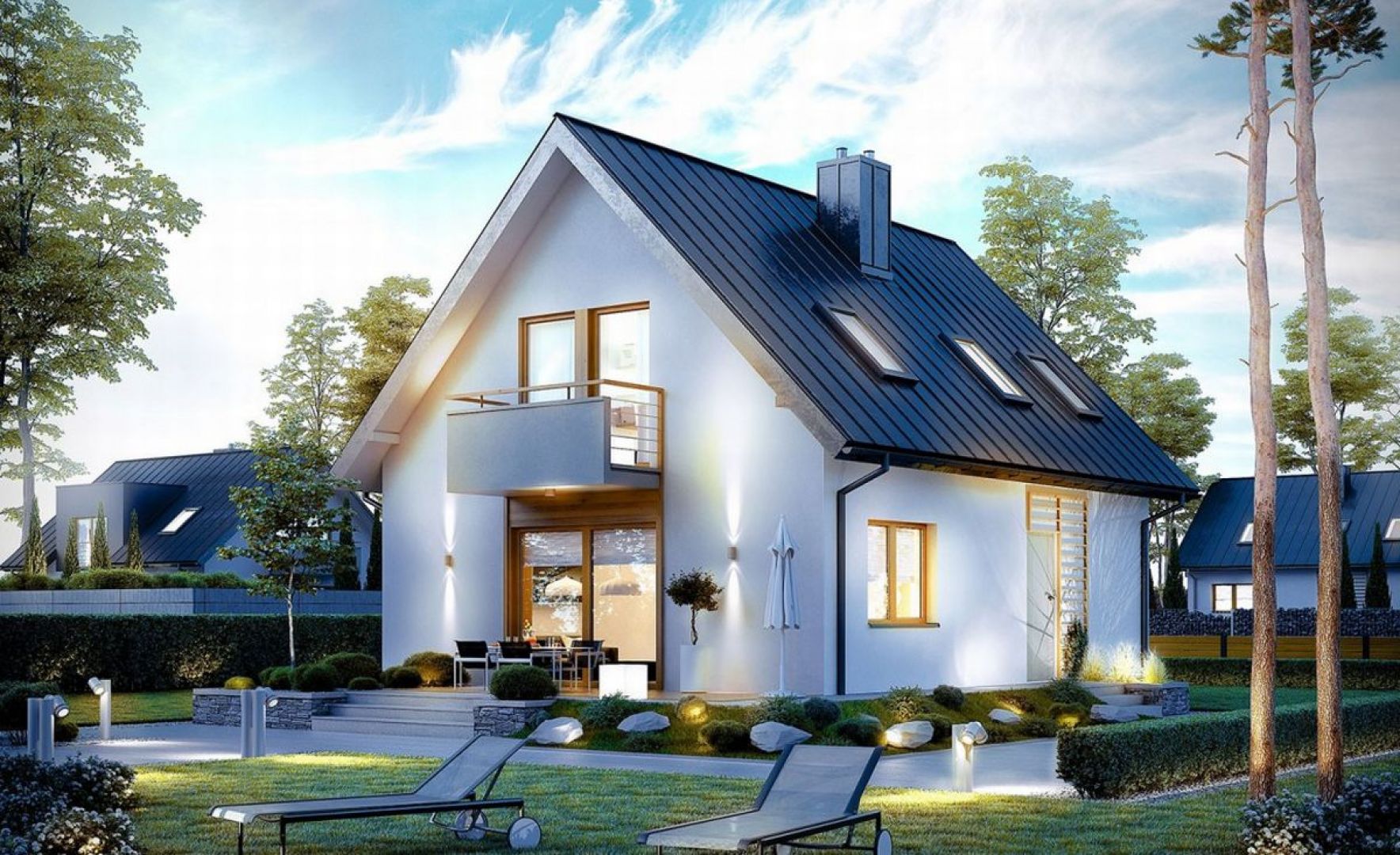 Dom z poddaszem. Projekt Andreas. Powierzchnia użytkowa; 98.52 m². Na parterze m.in. kuchnia, spiżarnia, pokój dzienny, toaleta. Na piętrze 3 sypialnie i łazienka. Szacunkowy koszt budowy: 211 tys. (stan surowy zamknięty). Pracownia Projektowa Archipelag