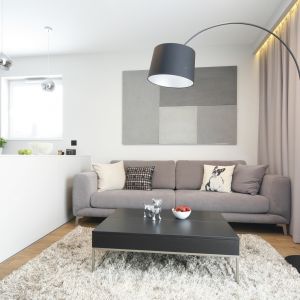 Trzyosobowa beżowa sofa idealnie pasuje do kąta w tym małym salonie. Projekt: Katarzyna Uszok. Fot. Bartosz Jarosz