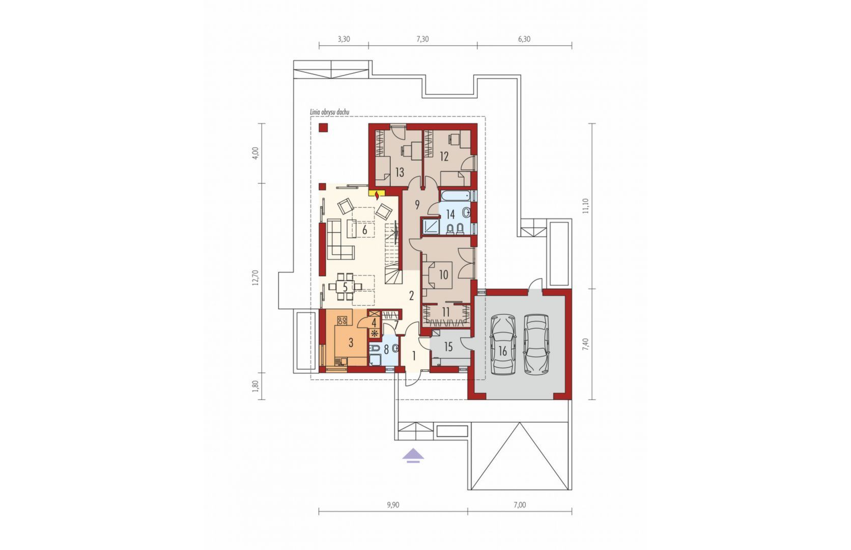Parter: 1. Wiatrołap 3.82 m² 2. Hol 5.68 m² 3. Kuchnia 10.48 m² 4. Spiżarnia 1.29 m² 5. Jadalnia + schody 11.58 m² 6. Pokój dzienny + schody 26.37 m² 7. Garderoba 1.70 m² 8. Łazienka 3.51 m² 9. Korytarz 8.71 m² 10. Sypialnia 14.18 m² 11. Garderoba 4.71 m² 12. Sypialnia 11.57 m² 13. Sypialnia 11.57 m² 14. Łazienka 7.21 m² 15. Kotłownia 6.31 m² 16. Garaż 38.63 m²