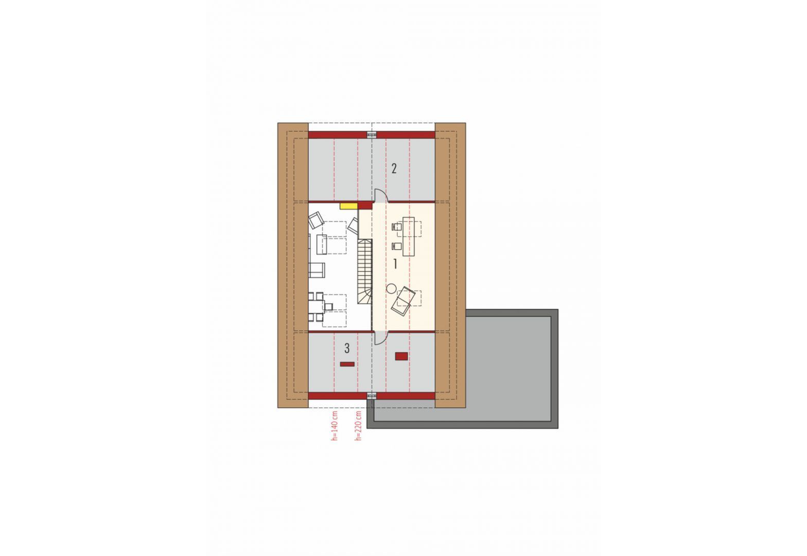 Poddasze: 1. Antresola 11.29 m²2. Pom. dodatkowe (np. strych) 9.81 m²3. Pom. dodatkowe (np. strych) 9.43 m²