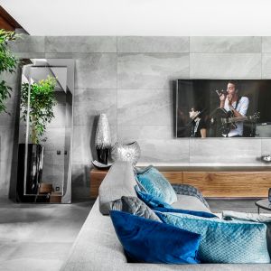 Ścianę za telewizorem zdobią szare płytki ceramiczne. Projekt Agnieszka Morawiec. Fot. Dekorialove