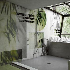 Ściana w łazience wykończona wodoodporną tapetą z kolekcji GlamFusion marki Glamora dostępnej w ofercie Dekorian Home. Fot. Glamora