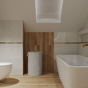 Jasna łazienka ocieplona drewnem. Projekt wnętrza: Justyna Nabielec. Bart-Box. Fot. mat. prasowe Luxrad