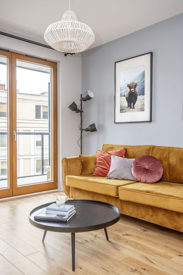 Welurowa sofa dodaje koloru w salonie. Projekt: Ewa Dziurska, Katarzyna Domańska, Decoroom. Fot. Marta Behling, Pion Poziom – fotografia wnętrz