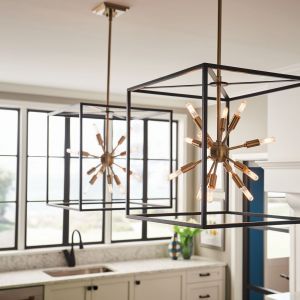 Świetny pomysł na oświetlenie nad wyspę w kuchni lub stół w jadalni. Reprezentacyjne, geometryczne lampy w loftowym stylu. Producent: Distinctive Lighting