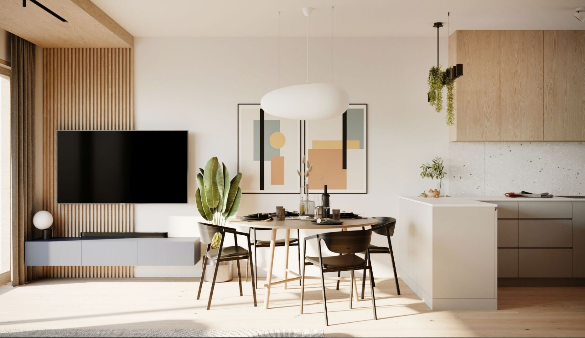Przy aneksie kuchennym stanął okrągły drewniany stół i krzesła w stylu vintage. Projekt: Sara Tokarczyk i Wojciech Poziomka, Studio Smart Design