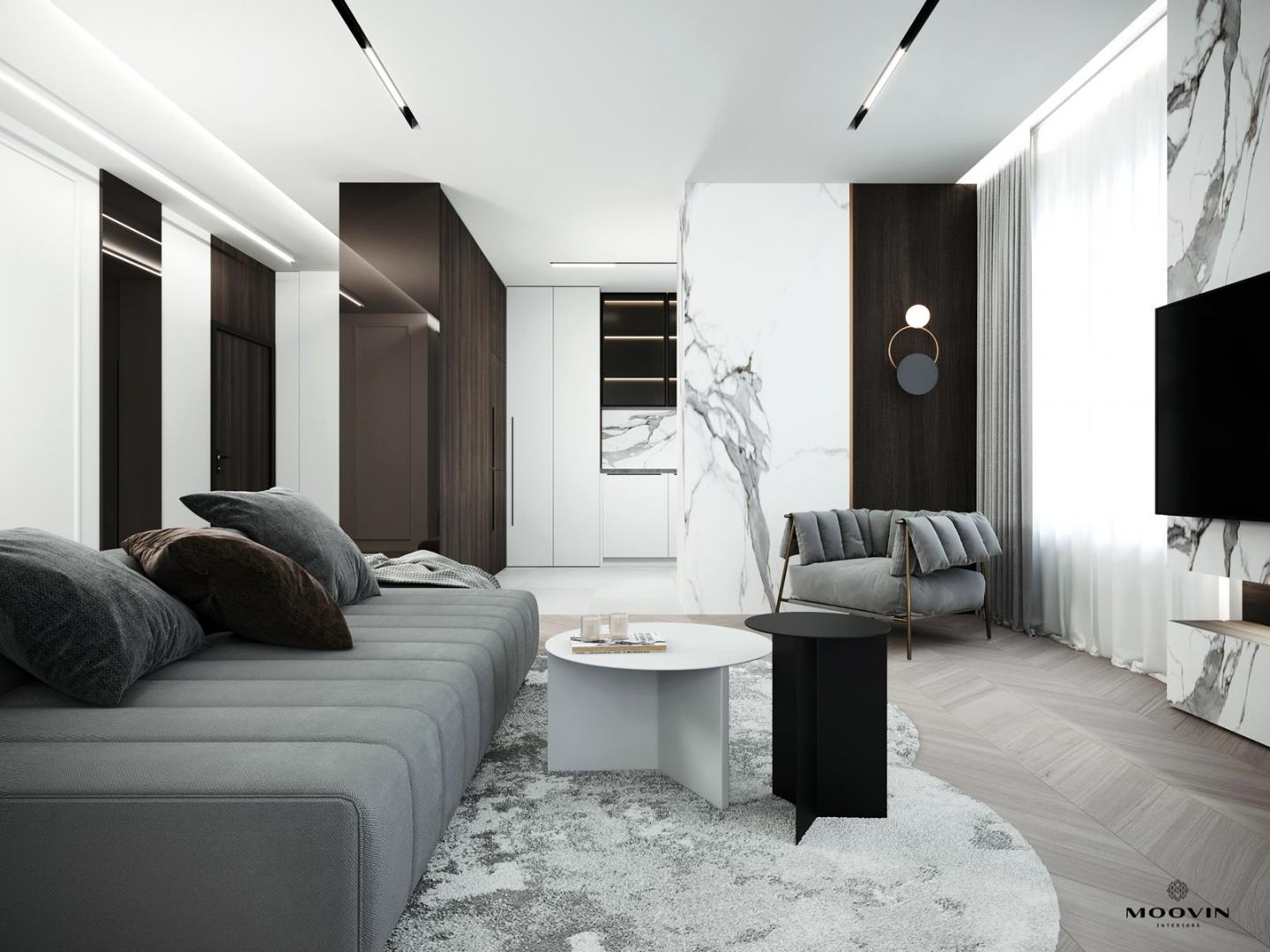 Salon urządzony w bieli, szarości i czerni, z odrobiną drewna. Projekt wnętrza: Moovin Interiors