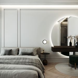 Nowoczesna sypialnia w kolorach ziemi, bielach i szarościach. Projekt wnętrza: Moovin Interiors
