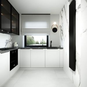 Biało-czarna, bardzo elegancka kuchnia. Projekt wnętrza: Moovin Interiors