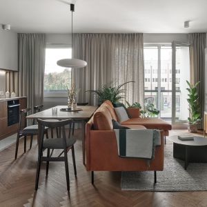 Salon od części kuchenno-jadalnianej oddziela sofa. Projekt Raca Architekci . Fot. Tom Kurek
