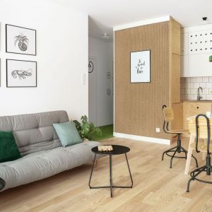 Salon z kuchnią i jadalnią urządzony w styl skandynawskim. Projekt Maka Studio (Daria Pawlaczyk, Aleksandra Kurc). Fot. Tom Kurek