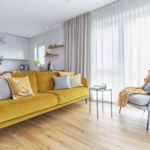 Kolorowa sofa przykuwa wzrok. Projekt Decoroom. Fot. Marta Behling, Pion Poziom