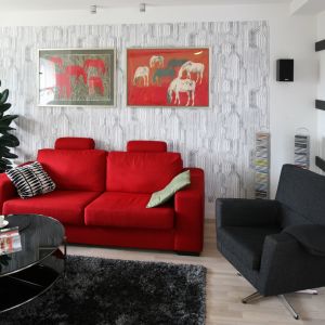 W salonie biel i czerń tworzą subtelne tło dla intensywnej czerwieni, która emanuje z ekspresyjnych obrazów na całe wnętrze. Projekt: Marta Kruk. Fot. Bartosz Jarosz