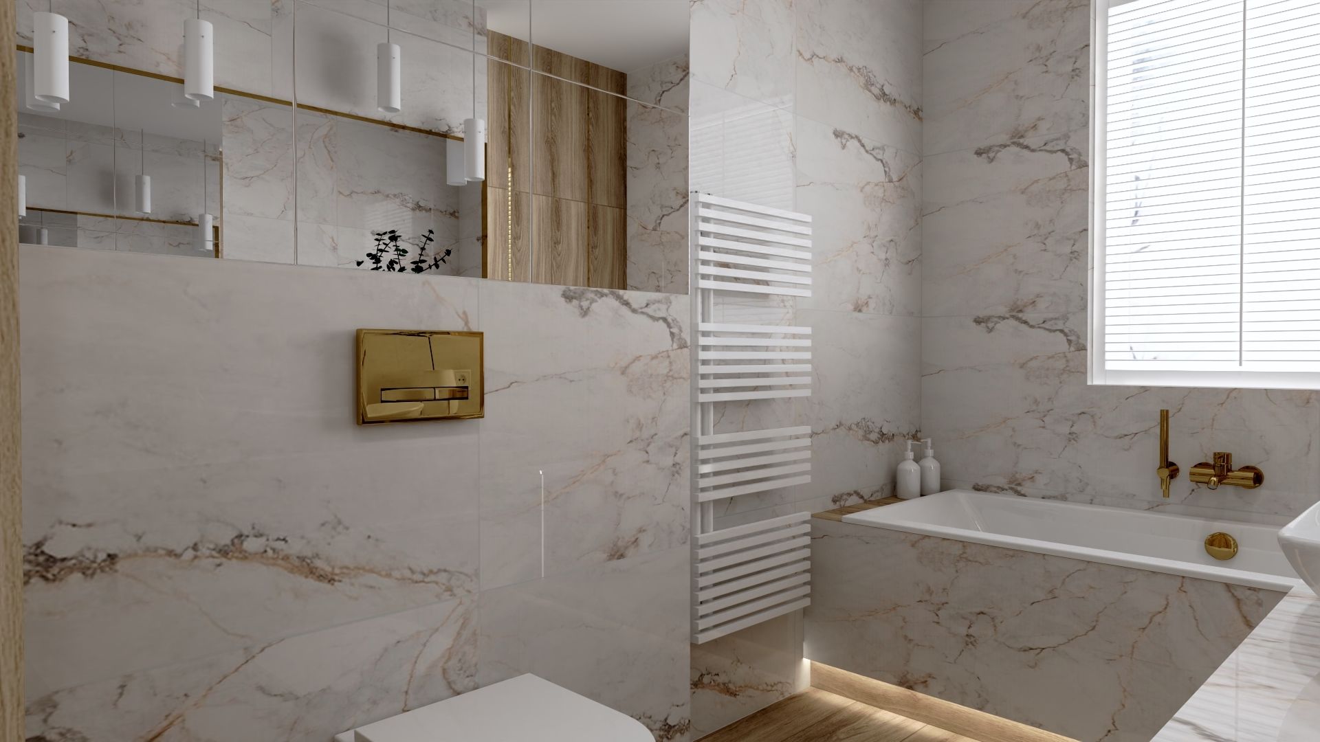 Łazienkowe trendy. Niezwykle inspirująca i niezwykle elegancka przestrzeń to zasługa połączenia szlachetnego kamienia z tonującym całą aranżację drewnem oraz nowoczesnym, tubowym oświetleniem. Projekt: Justyna Nabielec. Fot. Luxrad