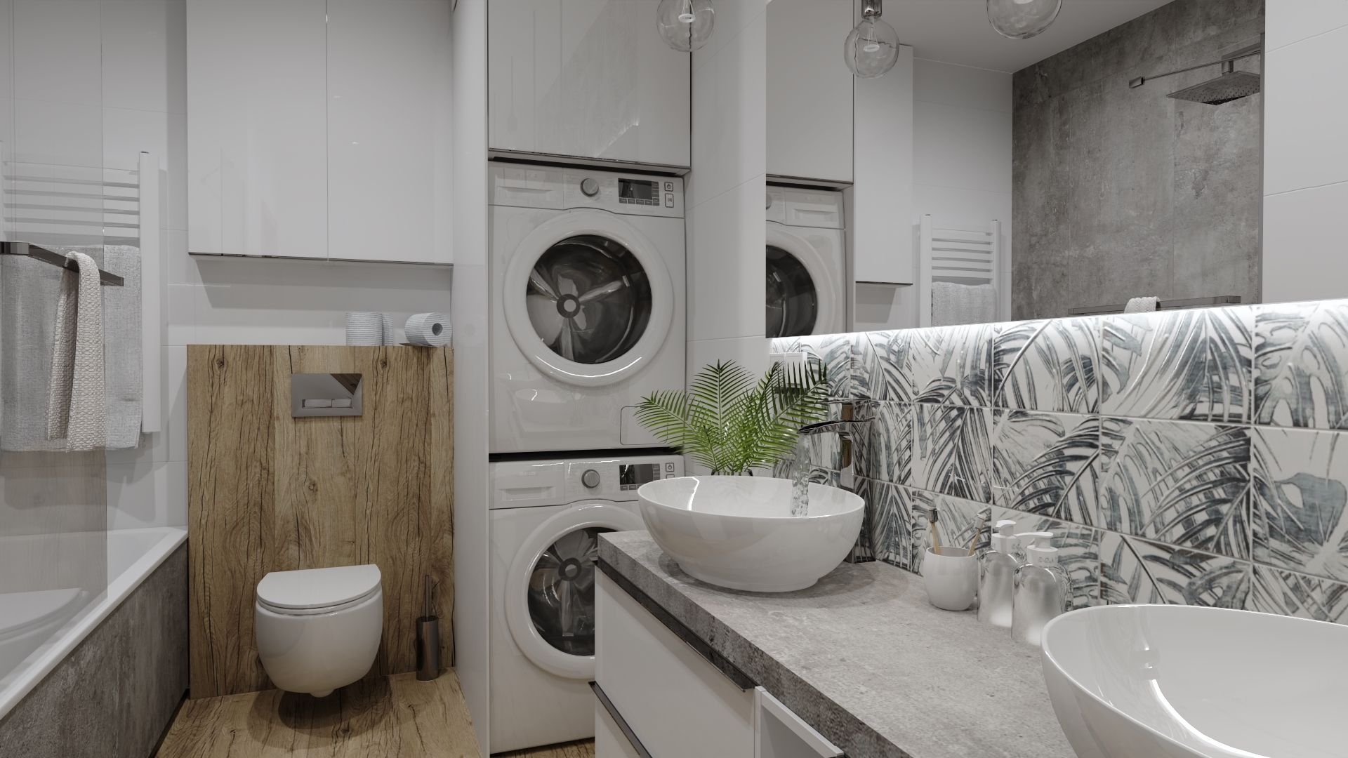 Łazienkowe trendy. Lekka i nowoczesna forma opiera się na płytkach ceramicznych z inspirującym wzorem opartym na liściach monstery. Projekt: Justyna Nabielec. Fot. Luxrad