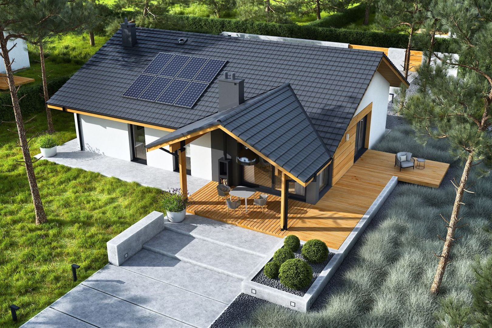 Dom Mini 4 w. II do strony ogrodu zachwyca dekoracyjnym tarasem z klimatycznym kominkiem zewnętrznym. Projekt: pracownia Archipelag