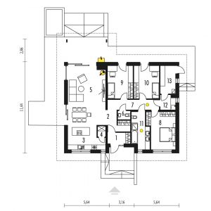 1. Wiatrołap 3.90 m²
2. Hol  5.39 m²
3. Kuchnia 12.75 m²
4. Spiżarnia 1.28 m²
5. Pokój dzienny + jadalnia 35.28 m²
6. Toaleta 1.70 m²
7. Korytarz 8.23 m²
8. Sypialnia 15.62 m²
9. Sypialnia 13.10 m²
10. Sypialnia 13.06 m²
11. Łazienka 9.23 m²
12. Pralnia 3.36 m²
13. Kotłownia 6.70 m²	
