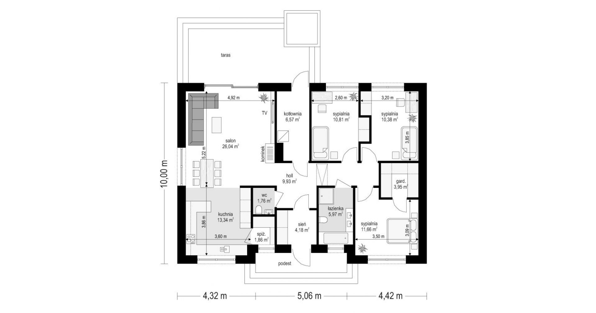 Rozkład pomieszczeń. Projekt: arch. Michał Gąsiorowski. Fot. MG Projekt