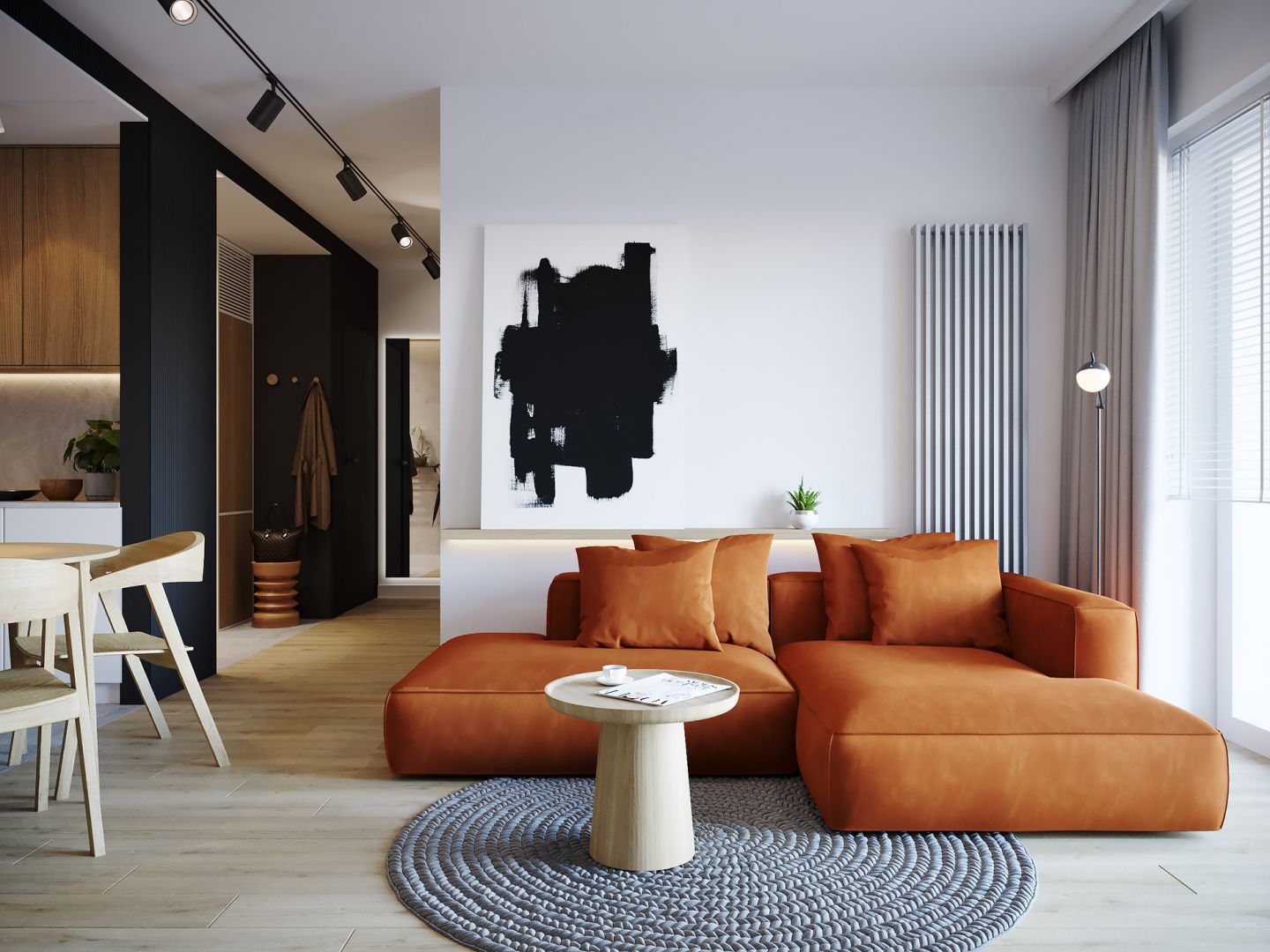 Część dzienna wnętrza z nowoczesną kanapą w mocnym kolorze. Projekt: architekt Sebastian Marach, YONO Architecture, MAST. studio - Maria Trojnara, Joanna Stawiak