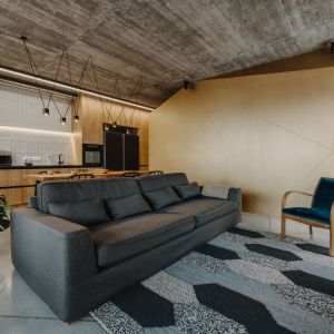 Nowoczesny, nieduży fotel w niebieskim kolorze w salonie. Projekt: Mili Młodzi Ludzie. Fot. Oni Studio
