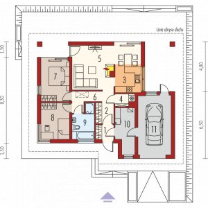 1. Wiatrołap 2.36 m²
2. Hol 6.28 m²
3. Kuchnia 6.48 m²
4. Spiżarnia 1.77 m²
5. Pokój dzienny + jadalnia 22.19 m² 
6. Korytarz 2.32 m²
7. Sypialnia 11.04 m² 
8. Sypialnia 9.90 m²
9. Łazienka 6.06 m² 
10. Kotłownia 7.55 m² 
11. Garaż 18.17 m²	
