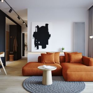 Ściana za kanapa w salonie wykończona jest białą farbą. Na jasnym tyle pięknie prezentuje się niebanalny obraz. Projekt: architekt Sebastian Marach, YONO Architecture, MAST. studio - Maria Trojnara, Joanna Stawiak