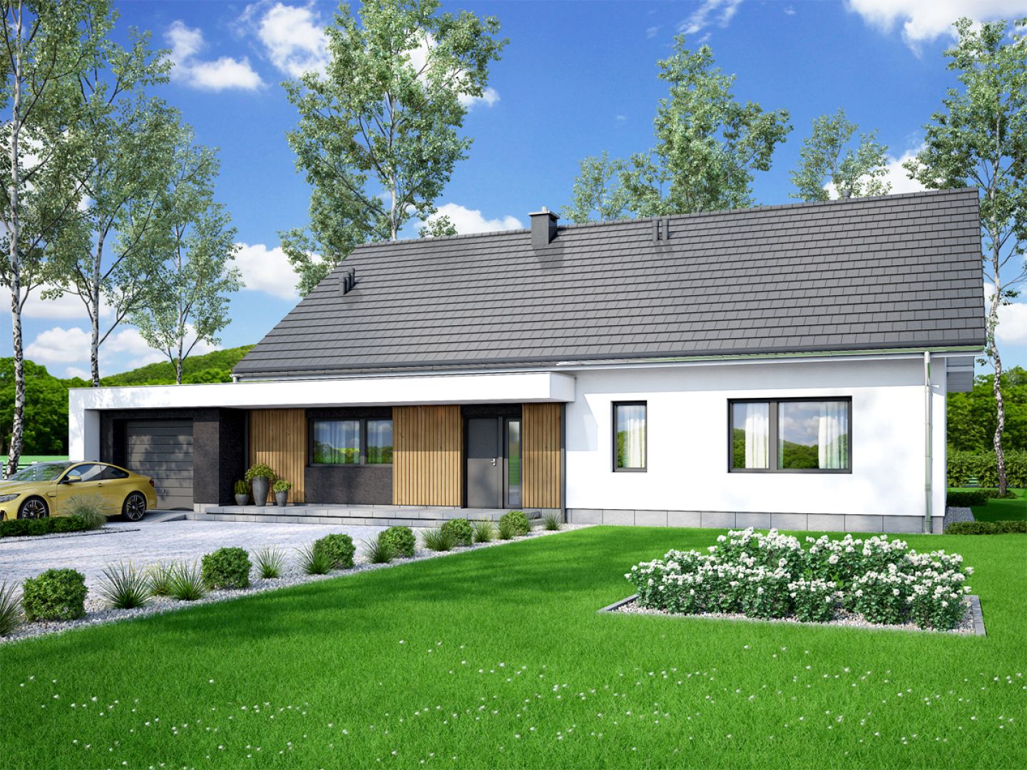 Strefa wejściowa przykryta długiem zadaszeniem obejmującym wjazd do garażu. Projekt: pracownia Archand