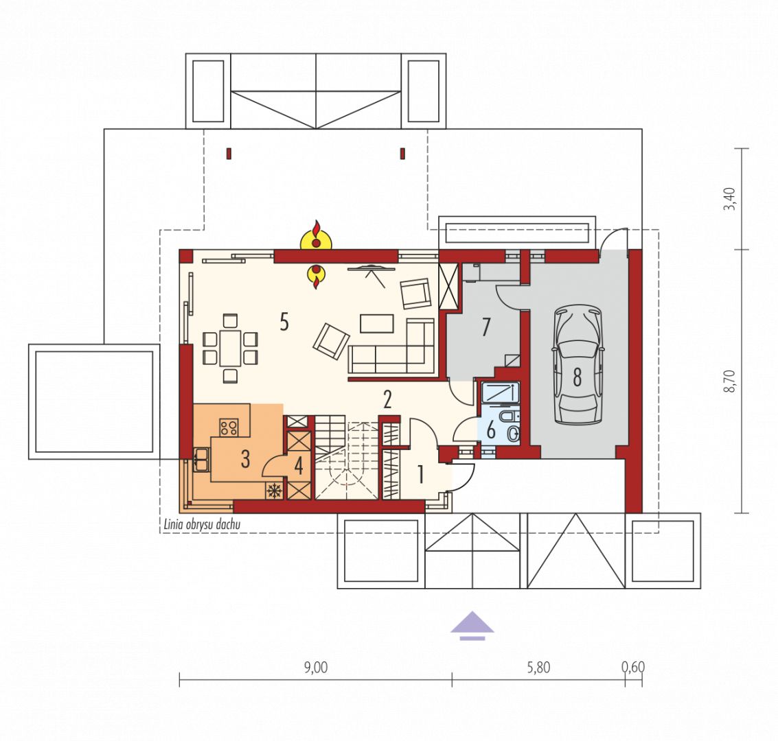1. Wiatrołap 3.07 m²
2. Hol + schody 14.79 m²
3. Kuchnia 9.47 m²
4. Spiżarnia 1.77 m²
5. Pokój dzienny + jadalnia 3 6.11 m²
6. Łazienka 2.62 m²
7. Kotłownia 8.02 m²
8. Garaż 19.66 m²