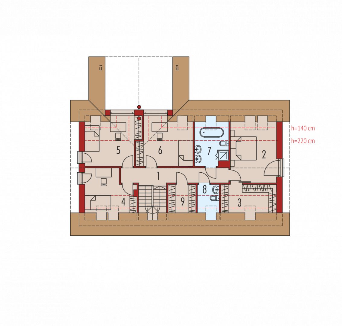 1. Korytarz 9.30 m²
2. Sypialnia 12.64 m²
3. Garderoba 5.37 m²
4. Sypialnia 8.17 m²
5. Sypialnia 10.93 m²
6. Sypialnia 10.95 m²
7. Łazienka 5.83 m²
8. Łazienka 2.08 m²
9. Garderoba 2.66 m²