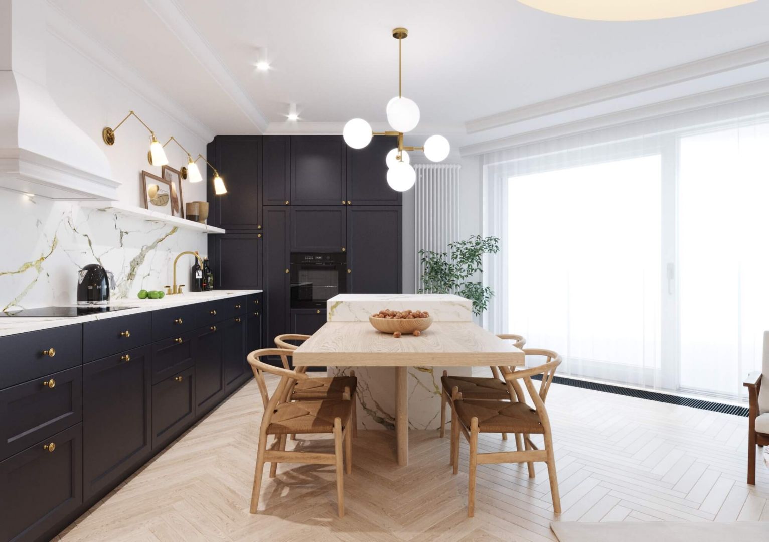 Kuchnia jest elegancka i nowoczesna. Głównym punktem są granatowe meble, które pomalowano farbą Farrow&Ball. Projekt i wizualizacje: Tomasz Kaim, Agnieszka Drużkowska, kaim.work