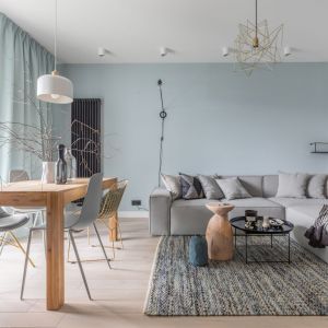 Dywan w salonie w modne pasy w skandynawskim klimacie. Projekt Alina Fabirkowska. Fot. Pion Poziom