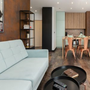 W mieszkaniu kolor miętowy łączy się z drewnem i kolorami metali. Projekt wnętrza: Aneta Subda. Zdjęcia:  STOLZ Photography Team dla Renters.pl. Współpraca: Dekorian Home