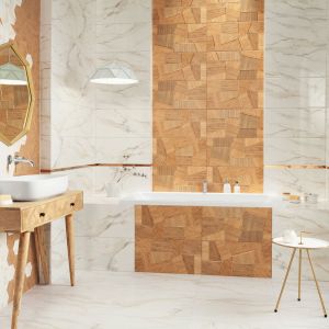 Credo oddaje inspirację industrialnymi wnętrzami, która przeplata się z zamiłowaniem do naturalnych surowców, akcentów w stylu boho i blasku złota. Fot. Ceramika Domino/Tubądzin 