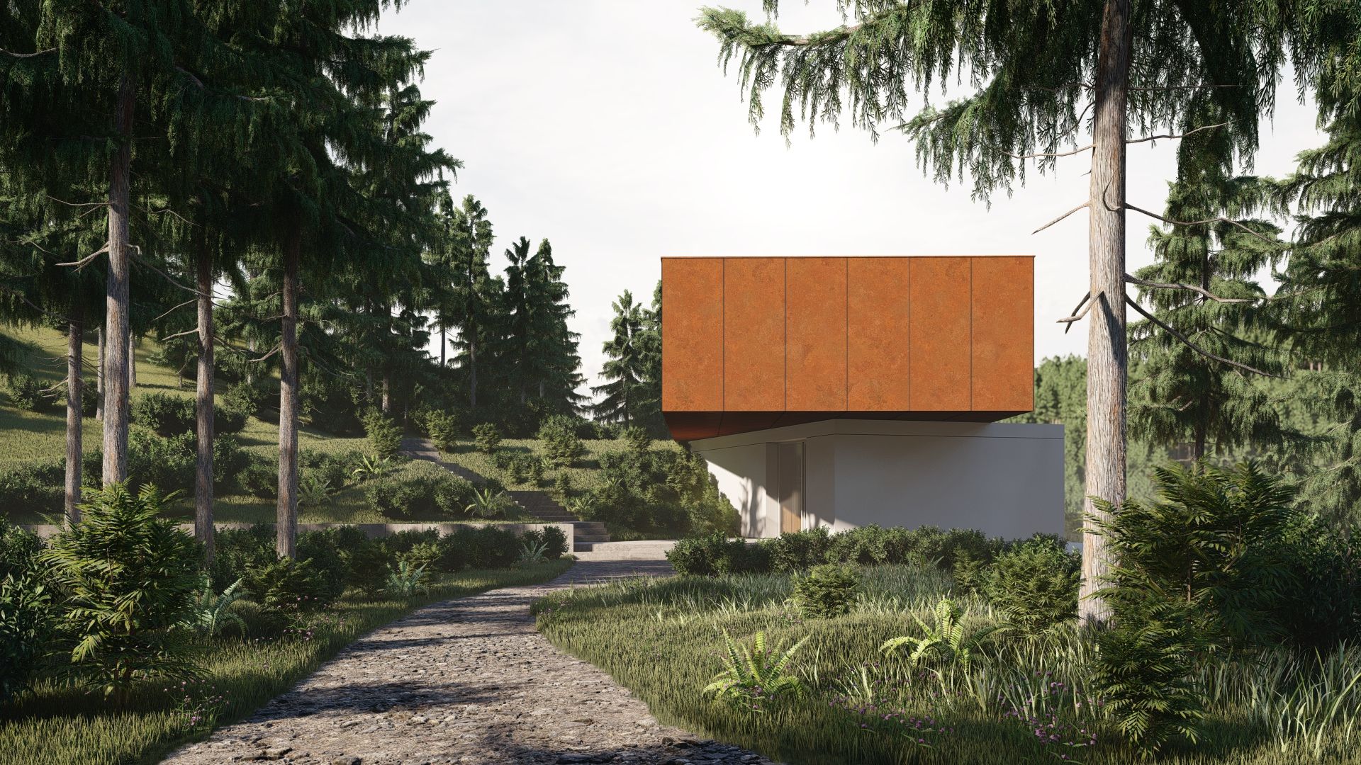 Na elewacji architekci zastosowani dwa materiały. Z jednej strony białe tynki, z drugiej strony stal corten. Projekt: pracownia Core