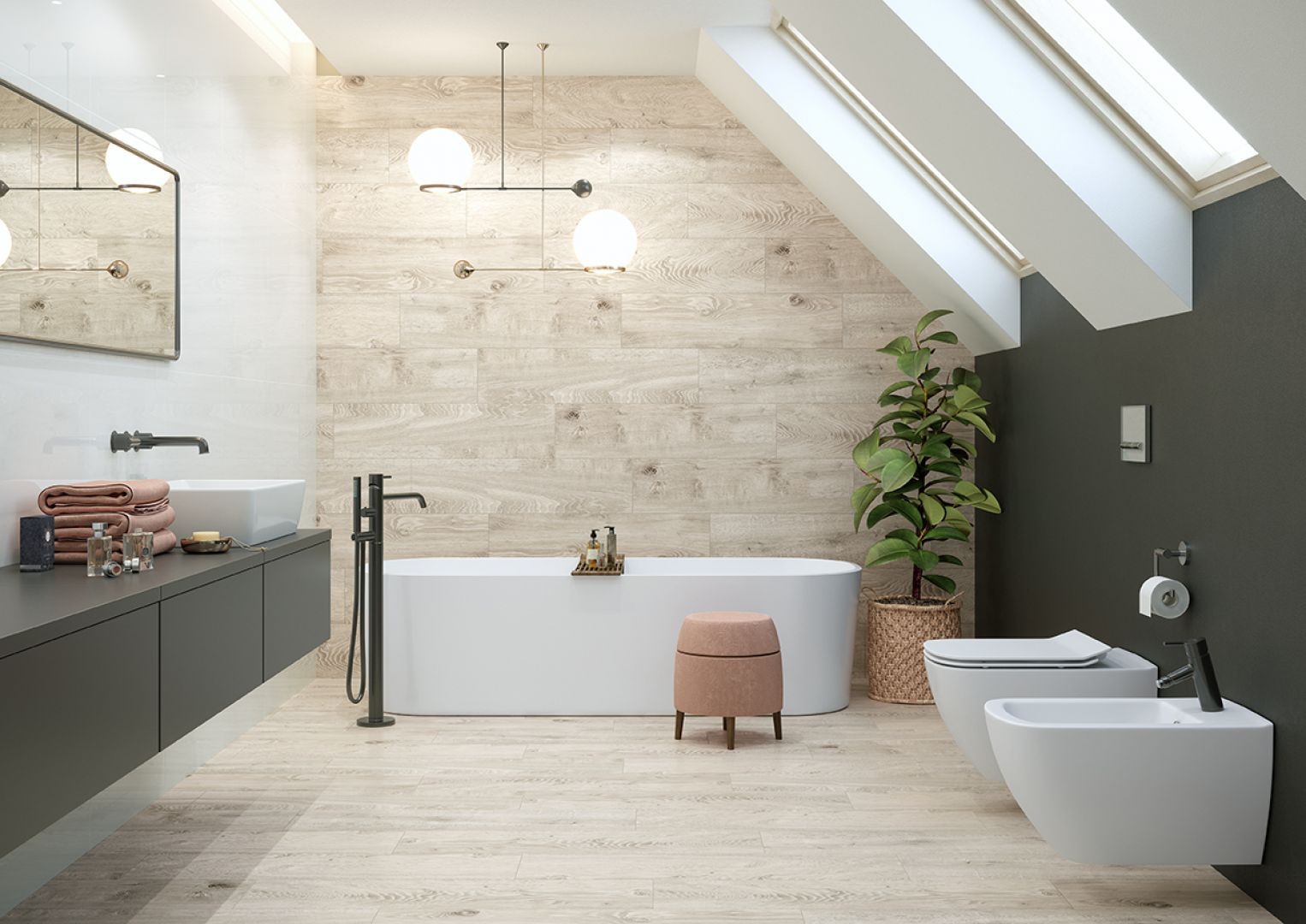 Pomysł na nowoczesną łazienkę na poddaszu. Na zdjęciu kolekcja Classic Oak Grey Opoczno
