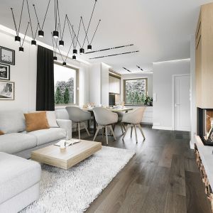 Jasne ściany w salonie pięknie korespondują z ciemną, drewnianą podłogą. Projekt: arch. Michał Gąsiorowski. Fot. MG Projekt