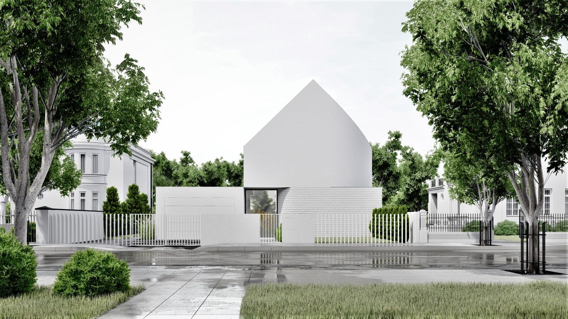 Elewacja domu została pokryta białym tynkiem i cegłą, która dominuje w sąsiedniej zabudowie. Projekt: pracownia Core