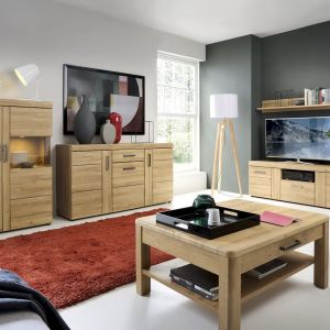 Meble do salonu z kolekcji Cortina. Dostępne w ofercie firmy Meble Wójcik. Cena: 926 zł/komoda, 926 zł/witryna, 509 zł/szafka RTV, 203 zł/stolik. Fot. Meble Wójcik