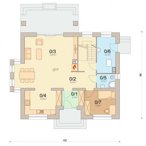 1. wiatrołap 4.15 m2
2. komunikacja 10.03 m2
3. salon + jadalnia 33.67 m2
4. kuchnia 10.92 m2
5. łazienka 3.23 m2
6. pokój 9.3 m2
7. kotłownia 8.13 m2
