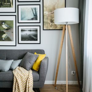 Skandynawska w stylu lampa stojąca w salonie. Projekt: Urszula Chojnowska, pracownia Zielone Studio Projektowe