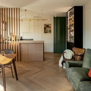 Salon z kuchnią - kolorystyka z zielenią, barwami zieloi akcentami czerwonymi oraz żółtymi. Projekt Finchstudio. Stylizacja i fot. Aleksandra Dermont 