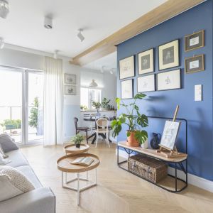 Niebieska ściana to mocny akcent w tym pięknym salonie. Projekt: Joanna Dziurkiewicz, Tworzywo studio. Zdjęcia: Pion Poziom